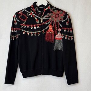 St John Collection Women's Embroidered Tassel Zipper Up Knit Jacket Size 2 Black